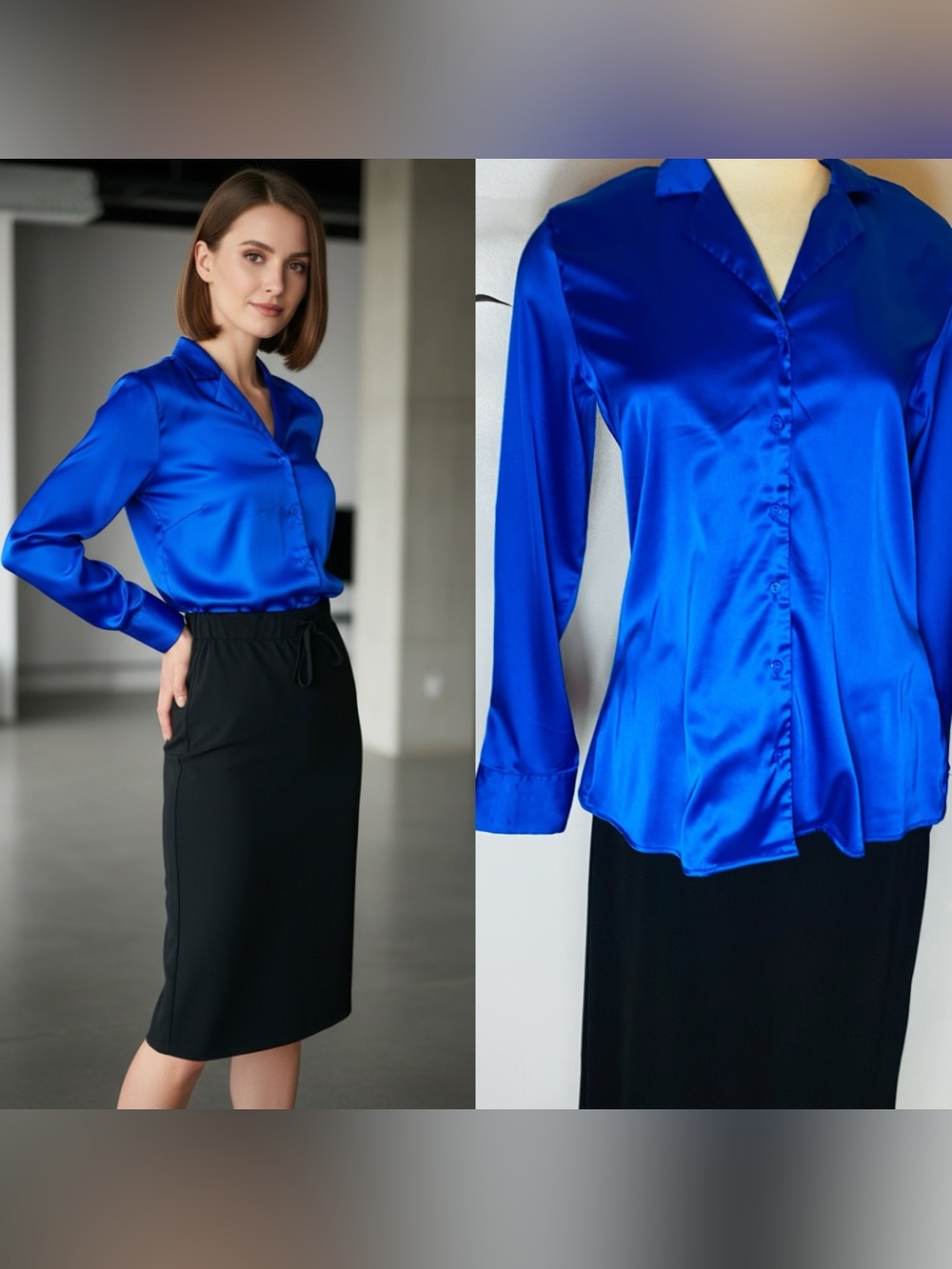 Source Unknown Royal Blue Satin Button-Up Blouse